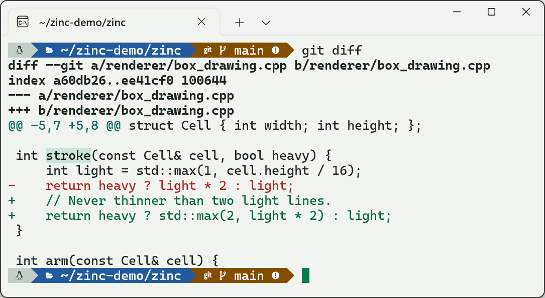 Zinc in the Lit Cell Light scheme, with a tab along the top, a colored git diff and a selected word