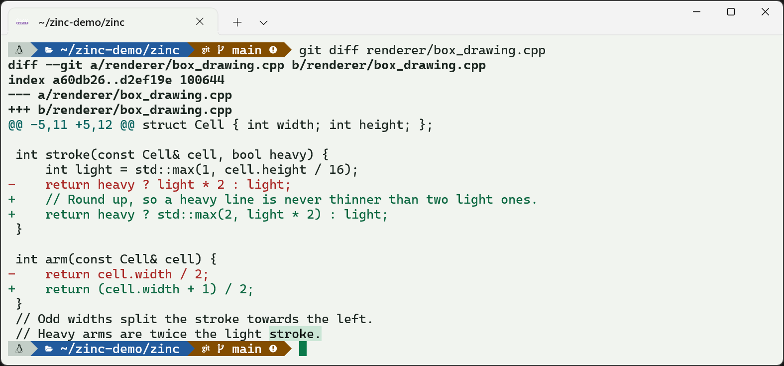 Zinc in the Lit Cell Light scheme, with a tab along the top, a colored git diff and a selected word