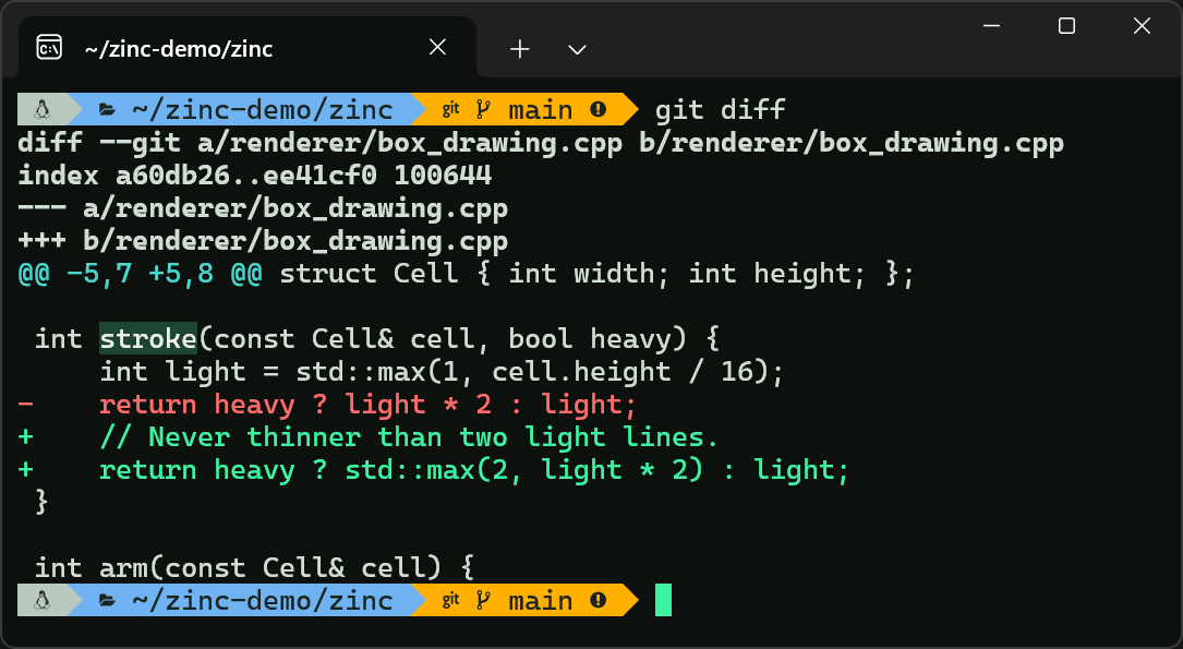 Zinc in the Lit Cell scheme, with a tab along the top, a colored git diff and a selected word