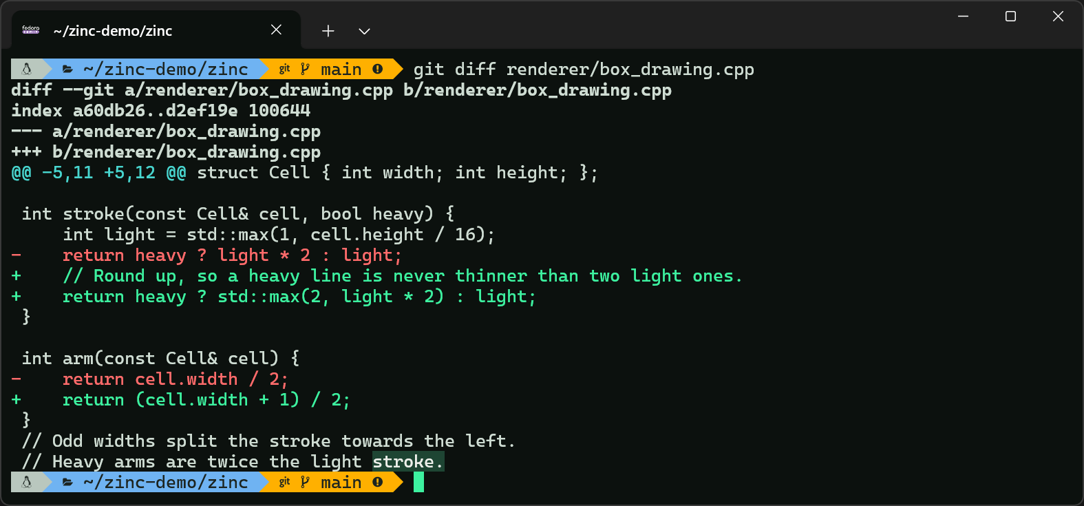 Zinc in the Lit Cell scheme, with a tab along the top, a colored git diff and a selected word