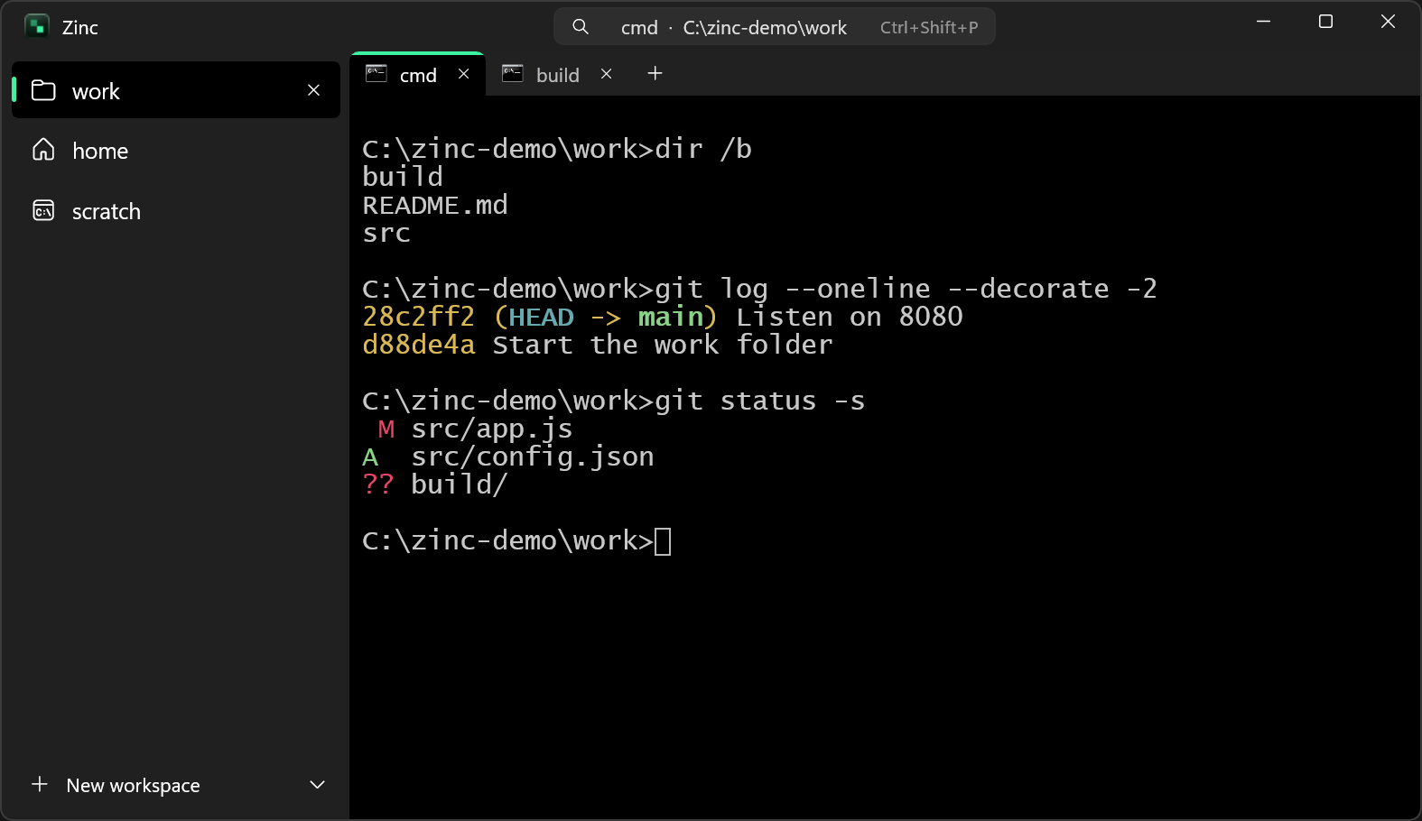 Zinc in the Peppermint scheme, with workspaces in the sidebar, two tabs inside the workspace and a git log and status in cmd