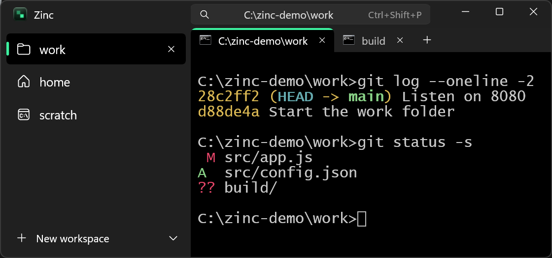 Zinc in the Peppermint scheme, with workspaces in the sidebar, two tabs inside the workspace and a git log and status in cmd