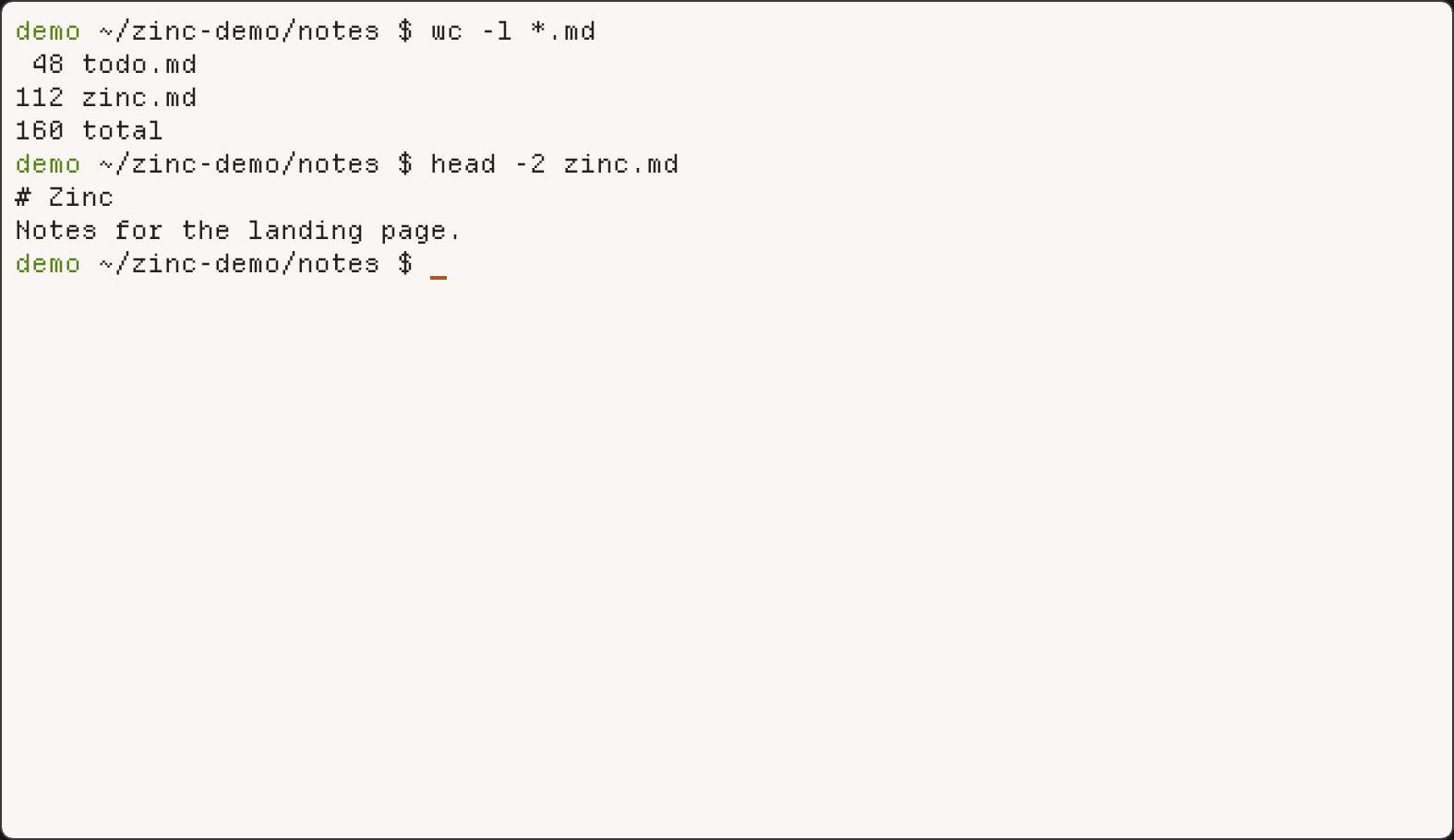 Zinc in the Pyrokai Light scheme, with no tabs or title bar, only the terminal