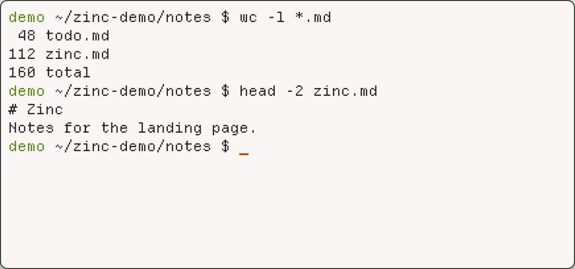 Zinc in the Pyrokai Light scheme, with no tabs or title bar, only the terminal