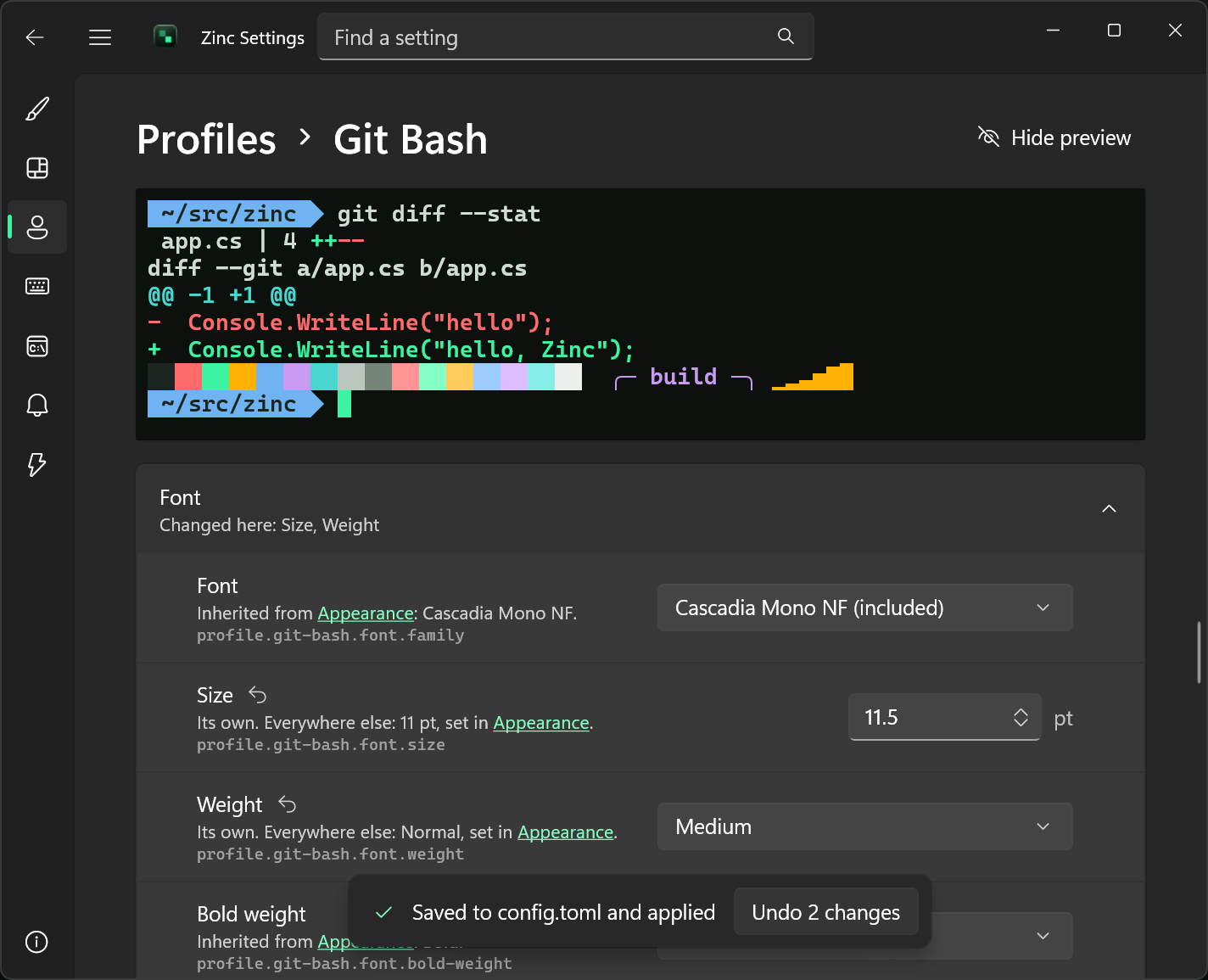 The Zinc Settings window on the Git Bash profile, with a live preview of the terminal above its font settings. Font is inherited from Appearance, Size and Weight are the profile's own with reset arrows, and a bar says the changes were saved to config.toml, with a button to undo 2 changes.