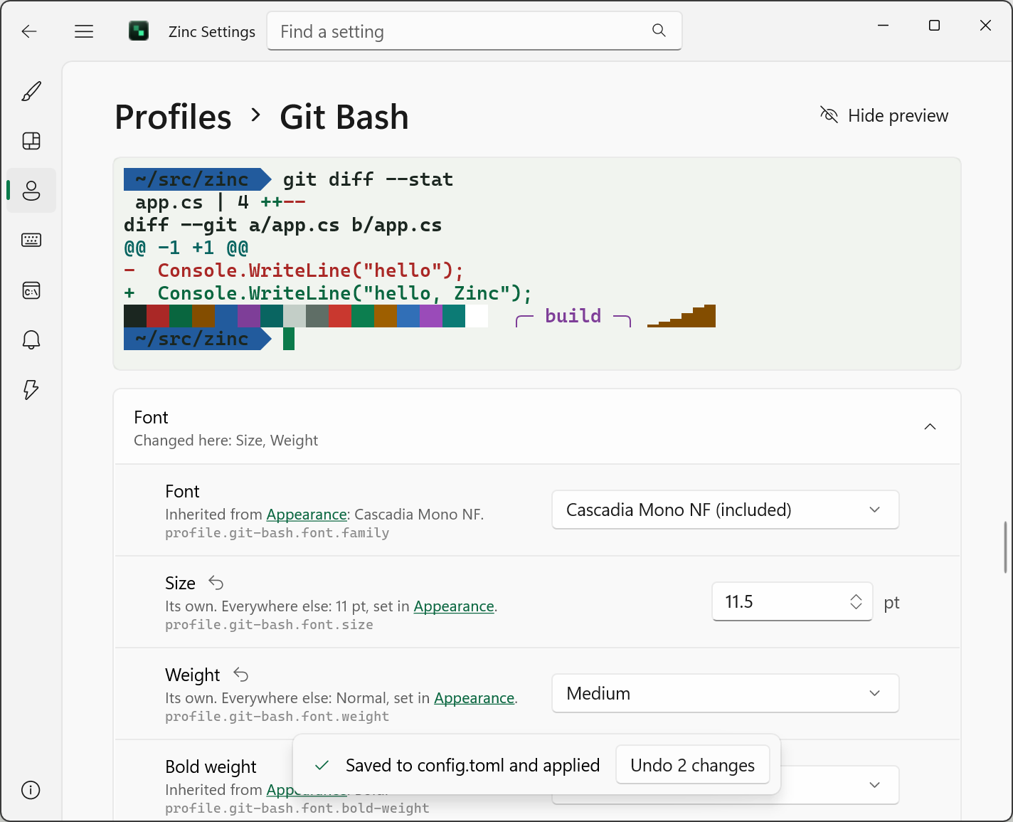 The Zinc Settings window on the Git Bash profile, with a live preview of the terminal above its font settings. Font is inherited from Appearance, Size and Weight are the profile's own with reset arrows, and a bar says the changes were saved to config.toml, with a button to undo 2 changes.