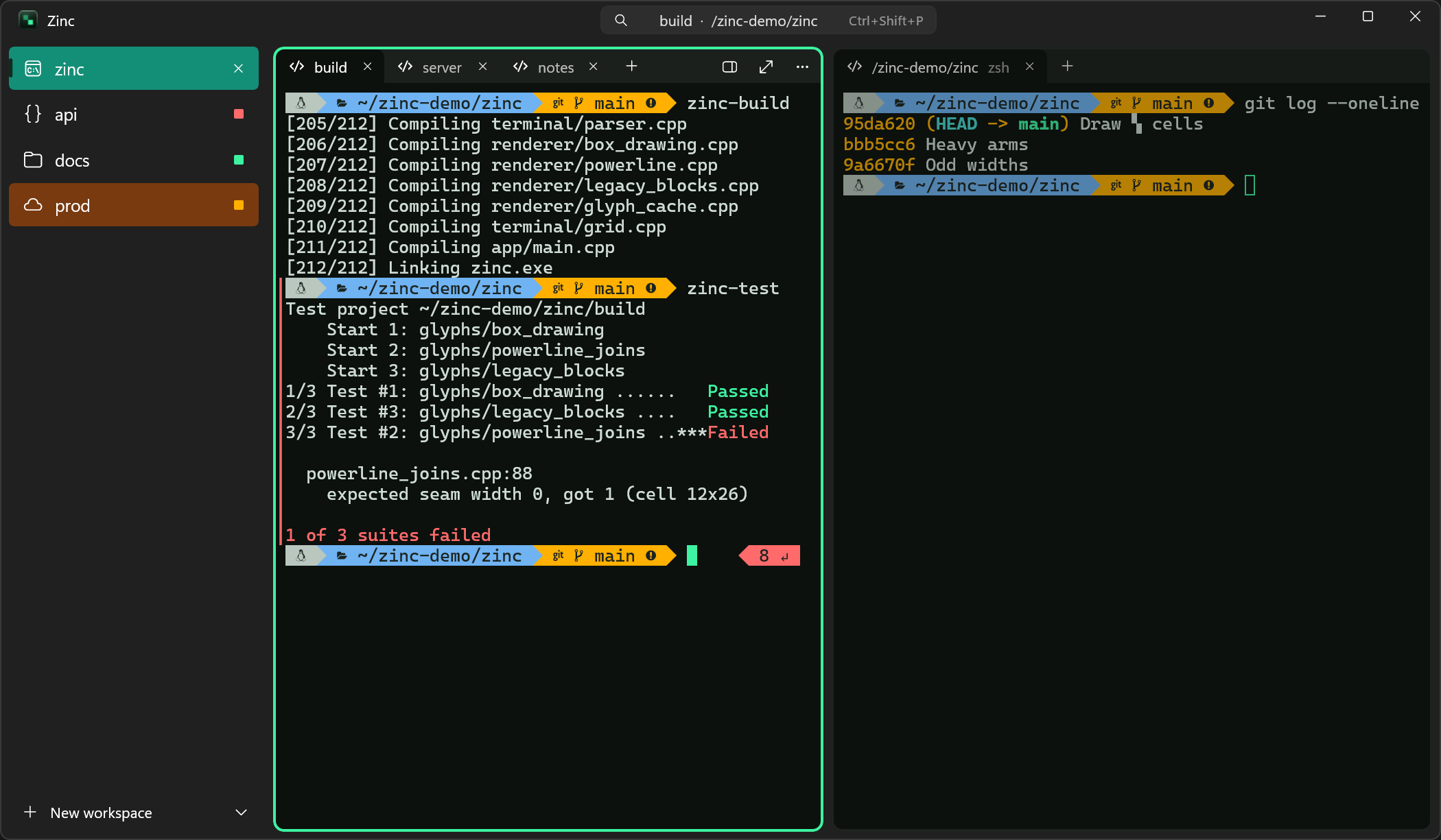 Zinc with four workspaces in a sidebar, as cards. The api workspace has a red mark because a command failed, docs a green mark because one finished, and prod an amber mark because it needs you. The focused card has three tabs and shows a build, then a test run that failed with exit code 8, with a red bar beside it in the gutter. A second card beside it shows a git log.