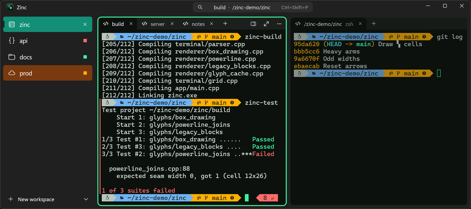 Zinc with four workspaces in a sidebar, as cards. The api workspace has a red mark because a command failed, docs a green mark because one finished, and prod an amber mark because it needs you. The focused card has three tabs and shows a build, then a test run that failed with exit code 8, with a red bar beside it in the gutter. A second card beside it shows a git log.