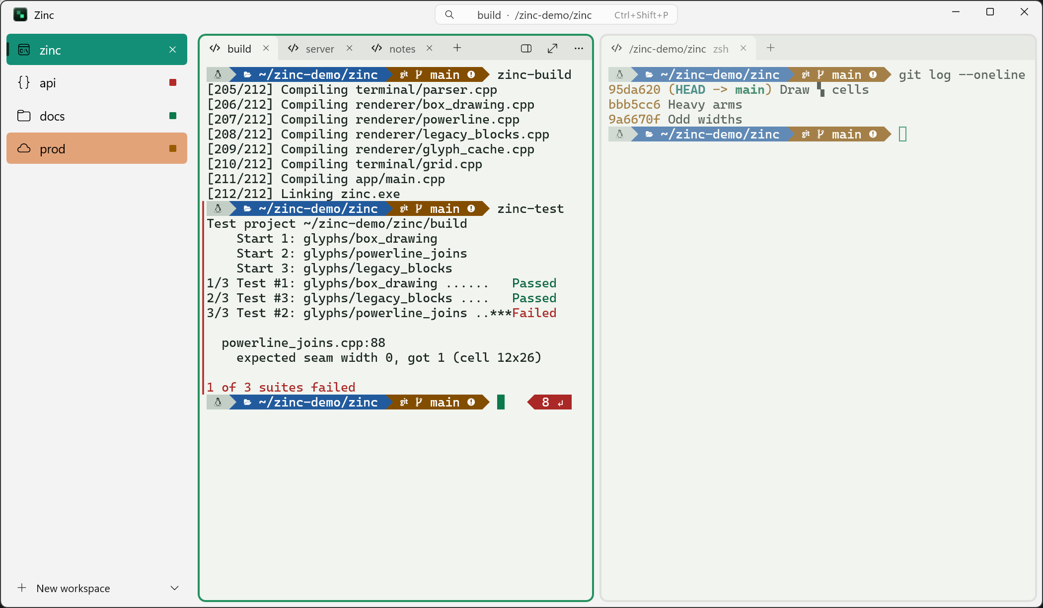 Zinc with four workspaces in a sidebar, as cards. The api workspace has a red mark because a command failed, docs a green mark because one finished, and prod an amber mark because it needs you. The focused card has three tabs and shows a build, then a test run that failed with exit code 8, with a red bar beside it in the gutter. A second card beside it shows a git log.