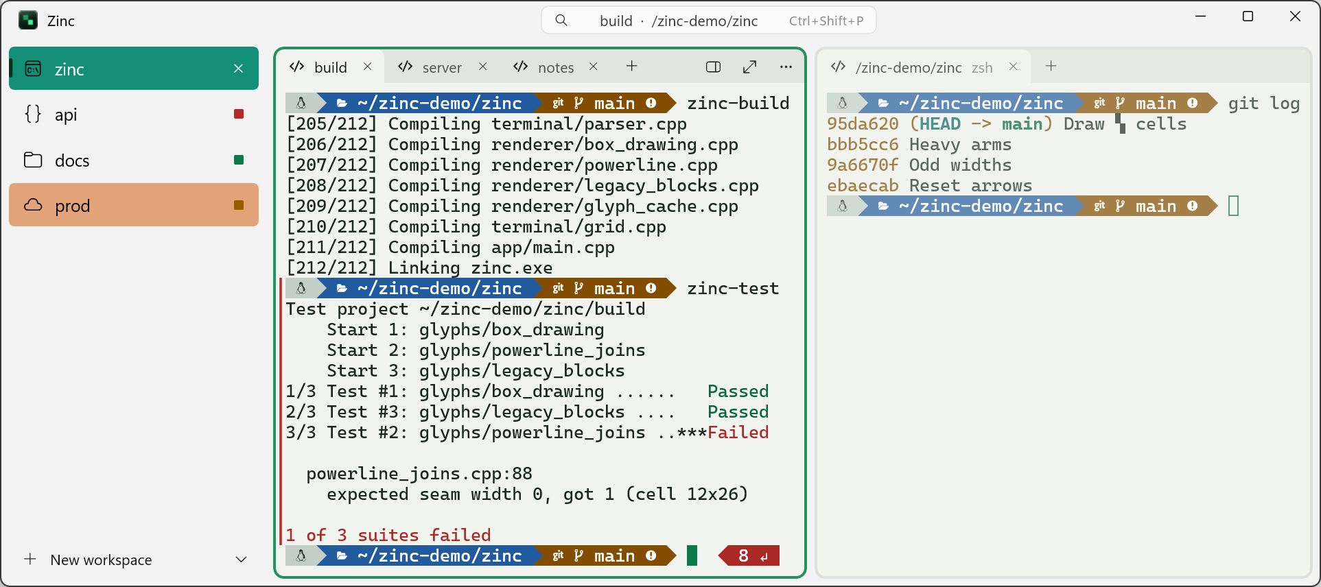 Zinc with four workspaces in a sidebar, as cards. The api workspace has a red mark because a command failed, docs a green mark because one finished, and prod an amber mark because it needs you. The focused card has three tabs and shows a build, then a test run that failed with exit code 8, with a red bar beside it in the gutter. A second card beside it shows a git log.